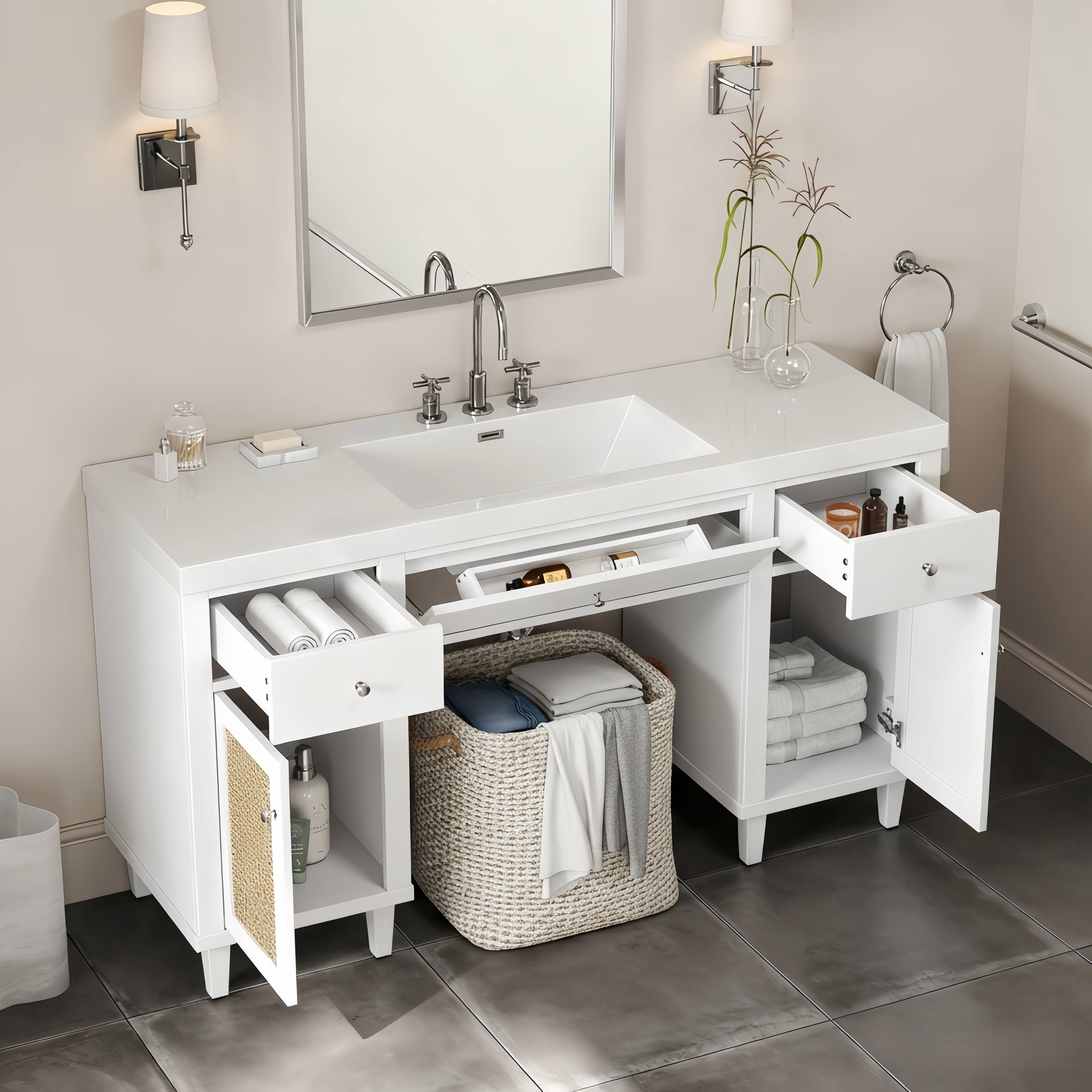 Alt View 3. Loheer - 5 ft White Bathroom Vanity with SMC Sink, Soft-Close Drawers, Tip-Out Tray, Spacious Storage - White.