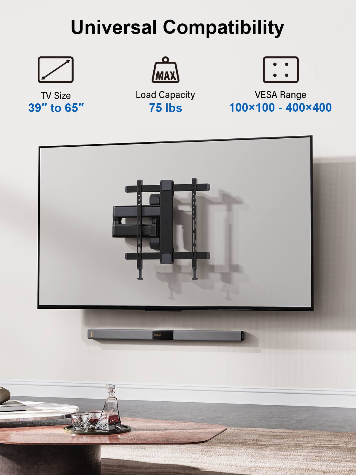 Universal Compatibility MAX TV Size 39" to 65" Load Capacity VESA Range 75 lbs 100x100 - 400x400