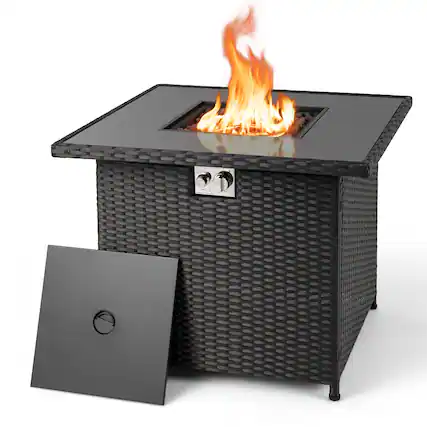 Front. Gymax - Gymax 32.5'' Propane Fire Pit Table Outdoor Wicker Gas Firepit w/Stainless Steel Burner Black - Black.