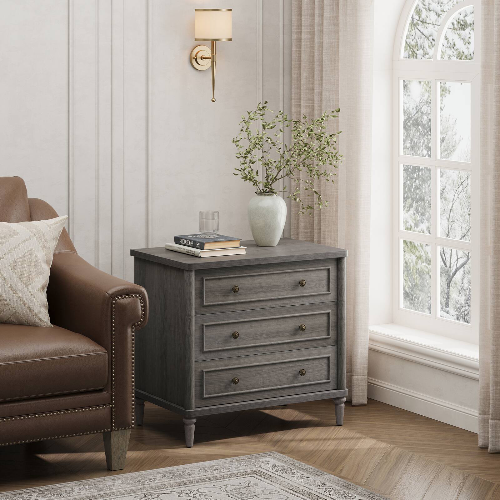 Left. Bestier - 3 Drawer Farmhouse Nightstand, Mid-Century Fluted Bedside Table with Charging Station - Charcoal Stained Ash.