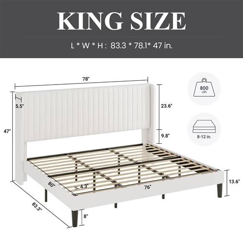 KING SIZE  
L * W * H: 83.3 * 78.1 * 47 in.  

- 800 LBS  
- 5.5"  
- 23.6"  
- 9.8"  
- 8-12 in.  
- 80"  
- 4.3"  
- 76"  
- 13.6"  
- 83.3"  
- 8"