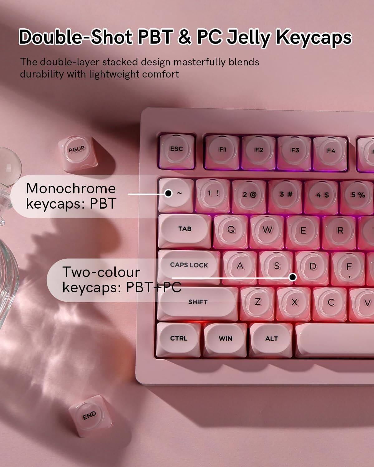 Double-Shot PBT & PC Jelly Keycaps

The double-layer stacked design masterfully blends durability with lightweight comfort

Monochrome keycaps: PBT

PGUP ESC F1 F2 F3 F4

1 ! 2 @ 3 # 4 $ 5 %

TAB W E R CAPS LOCK

Two-colour keycaps: PBT+PC

SHIFT A Z S X D C F V CTRL WIN ALT END