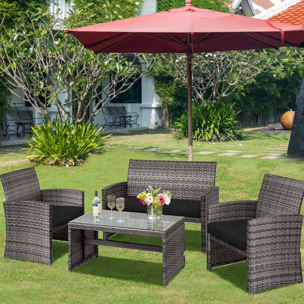 Alt View 1. Costway - Costway 4PCS Patio Rattan Furniture Set Conversation Glass Table Top Sofa Cushioned, - Black.
