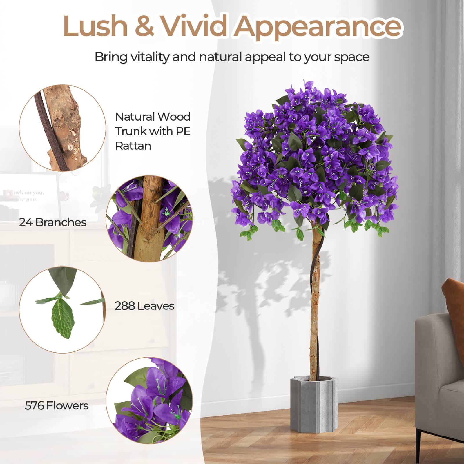 Lush & Vivid Appearance  
Bring vitality and natural appeal to your space  

Natural Wood Trunk with PE Rattan  

24 Branches  
288 Leaves  
576 Flowers