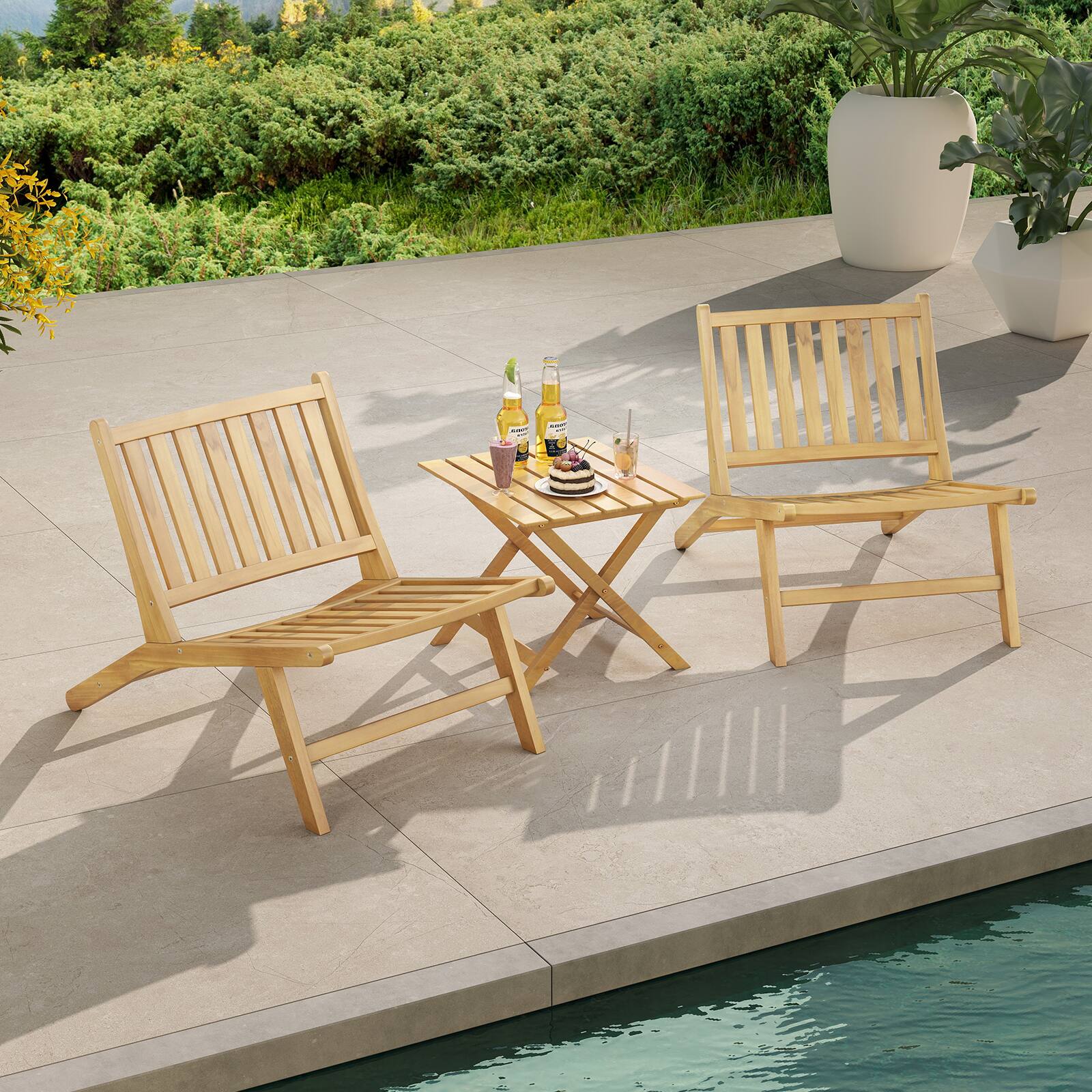 Alt View 3. Gymax - Gymax 2PCS Teak Wood Outdoor Reclining Chair Natural Mid Century Accent Chair w/ Backrest - Natural.