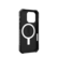 The image features a black case for a cell phone, which is designed to protect the device. The case is made of a durable material and has a unique design, featuring a magnifying glass on the back. The magnifying glass is a distinctive feature of this case, making it stand out from other cell phone cases. The case is designed to provide both protection and style for the user's phone.