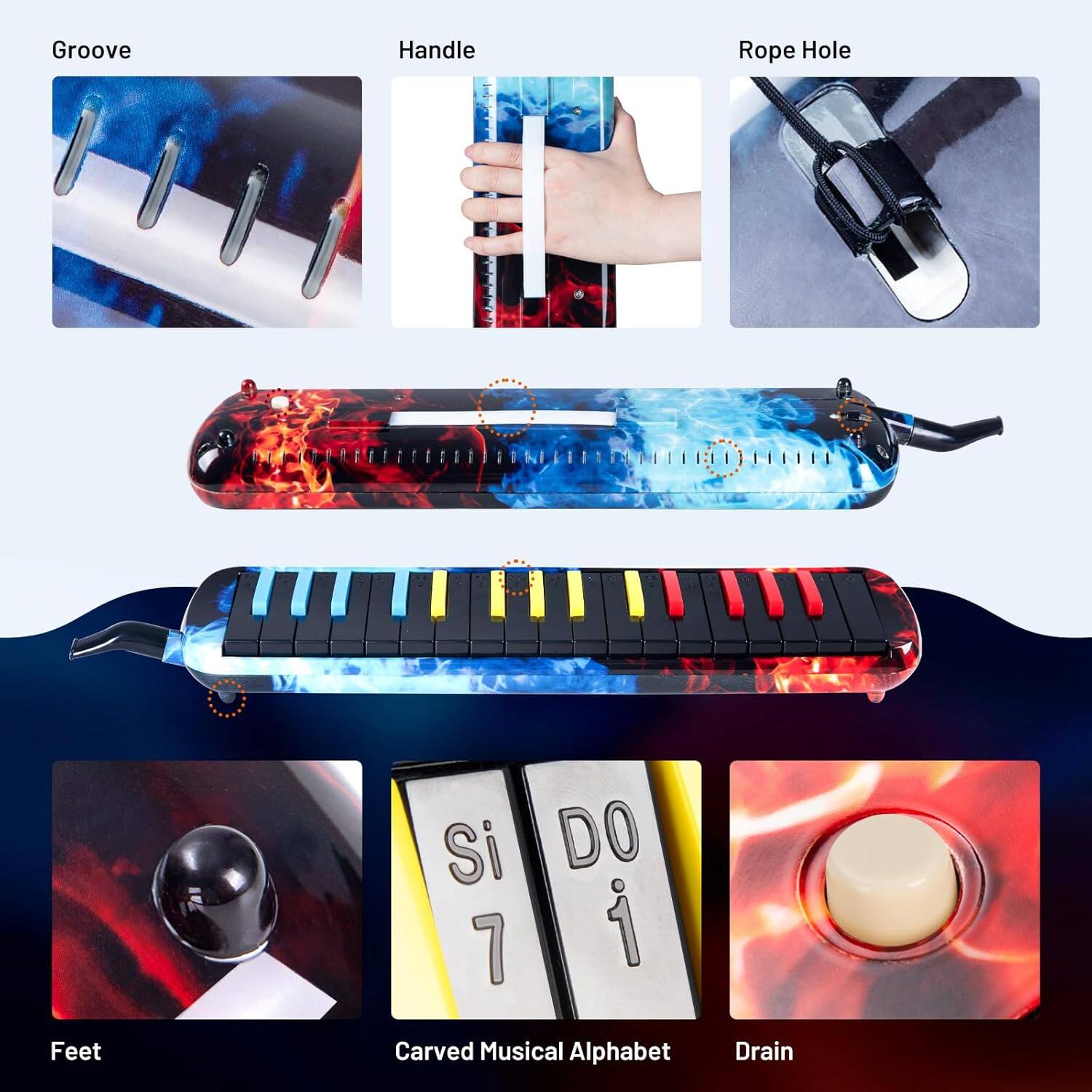 Groove  
Handle  
Rope Hole  
Feet  
Carved Musical Alphabet  
Drain