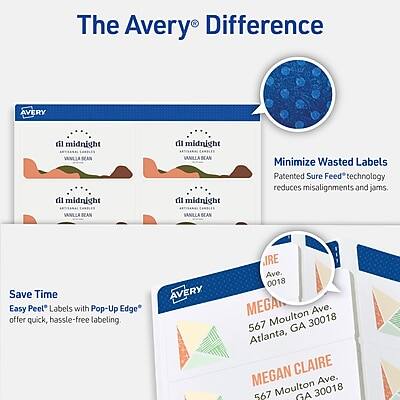 The Avery Difference

Avery Midnight Vanilla Bean

Minimize Wasted Labels
Patented Sure Feed™ technology reduces misalignments and jams.

Save Time
Easy Peel™ Labels with Pop-Up Edge® offer quick, hassle-free labeling.

Avery
Ave. 0018
MEGAN CLAIRE
567 Moulton Ave.
Atlanta, GA 30018