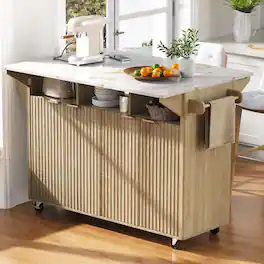 Loheer - 55.5 inch fluted kitchen island with 2 drop leaf, faux marble top kitchen island, rolling kitchen cart with power outlet - Natural