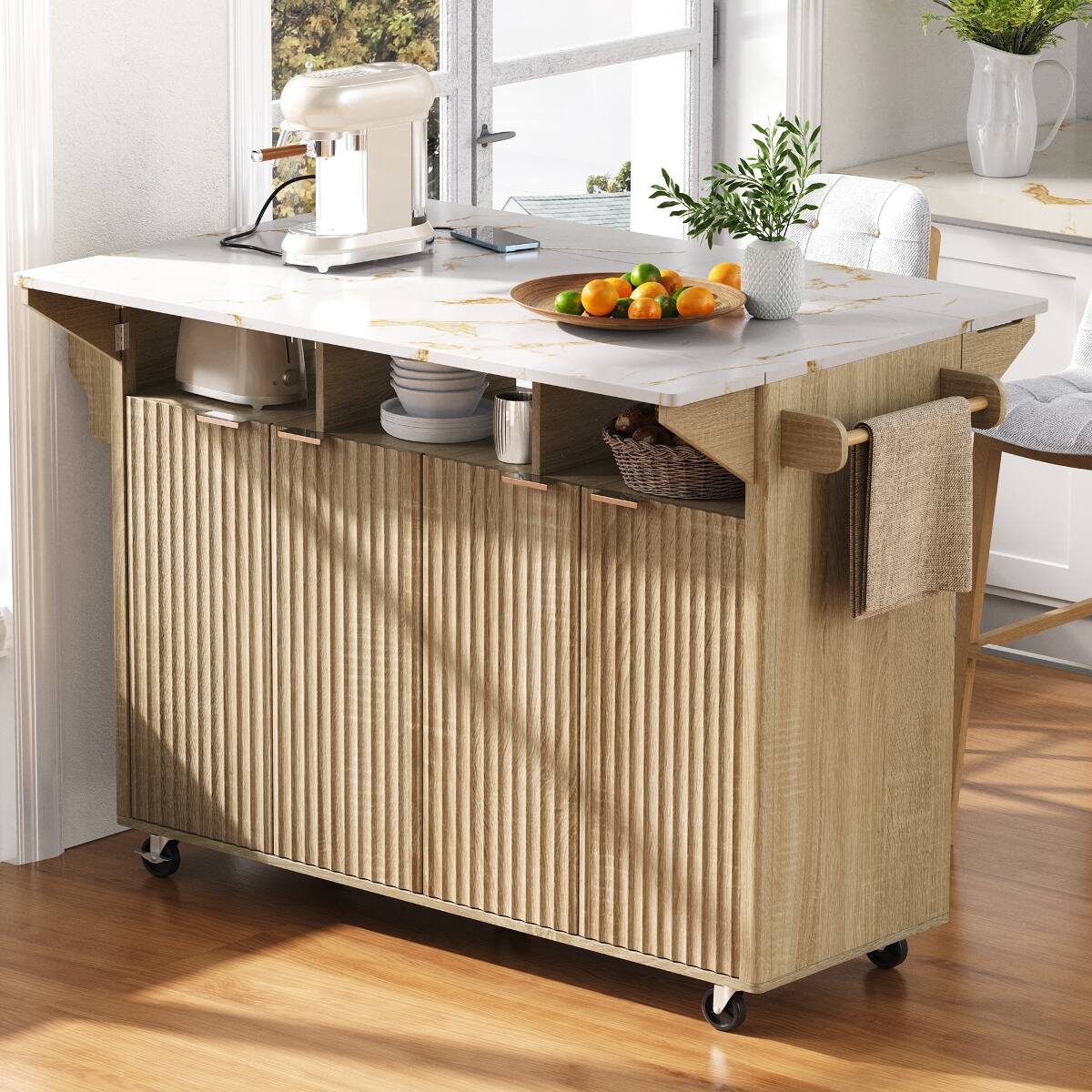 Front. Loheer - 55.5 inch fluted kitchen island with 2 drop leaf, faux marble top kitchen island, rolling kitchen cart with power outlet - Natural.