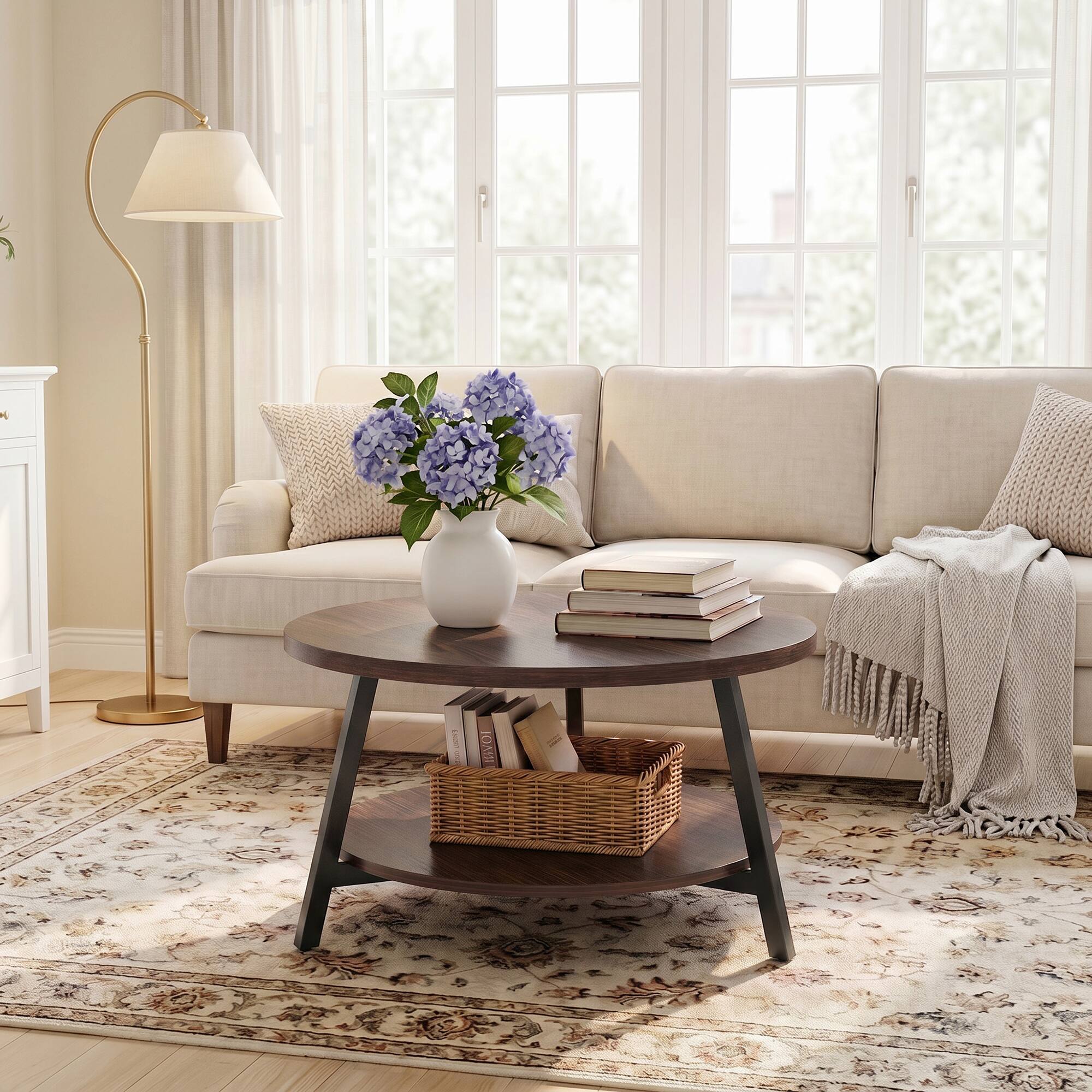 Alt View 4. Aheaplus - 29.5'' Round Coffee Table with Storage, 2-Tier Small Modern Coffee Table for Living Room - Walnut.