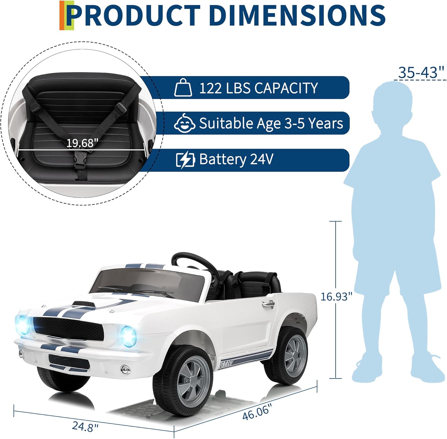 PRODUCT DIMENSIONS

122 LBS CAPACITY

Suitable Age 3-5 Years

Battery 24V

19.68" (Seat Width)

24.8" (Front Width)

46.06" (Length)

16.93" (Height)

35-43" (Height Range for Child)