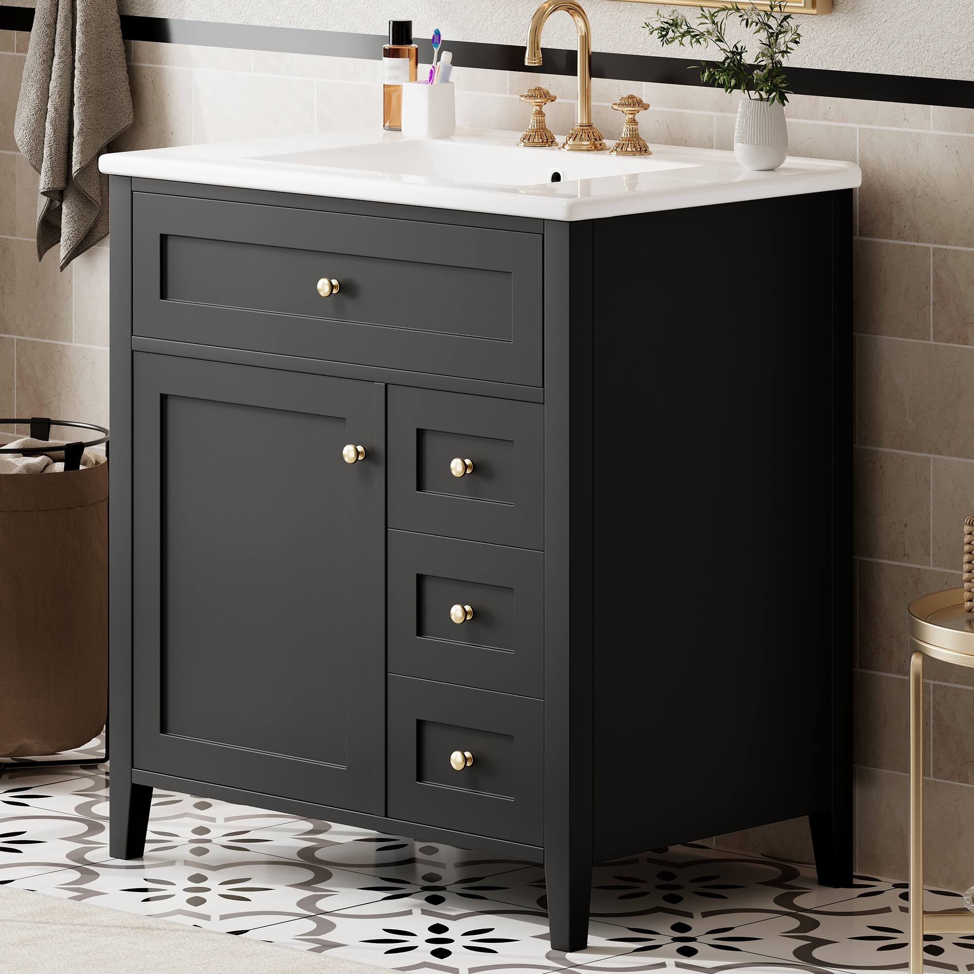 Angle. Whisen - 30 Inch Bathroom Vanity with Ceramic Sink Combo Modern 3 Drawer 1 Left Door Storage Cabinet Freestanding - Black.