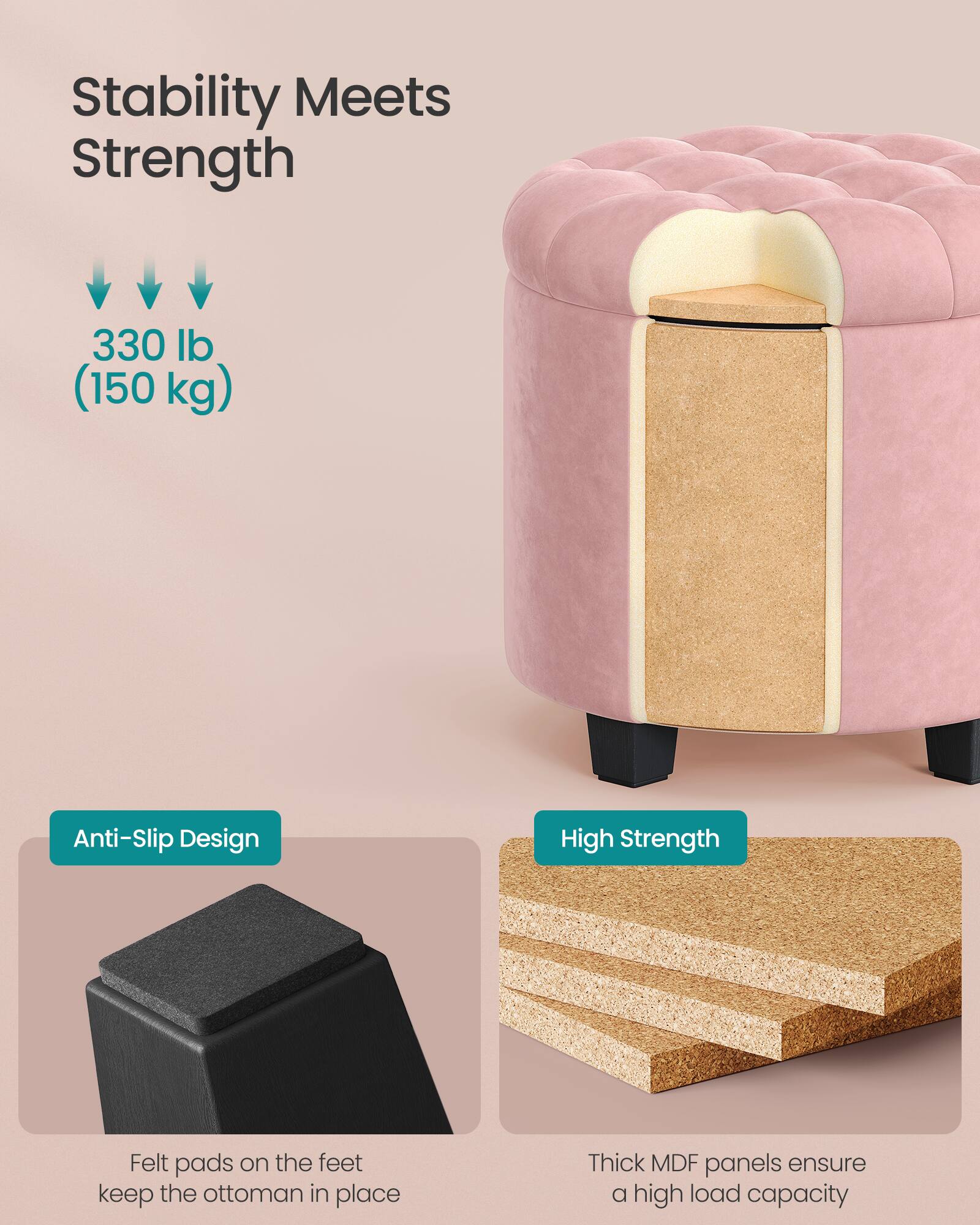 Stability Meets Strength

330 lb (150 kg)

Anti-Slip Design  
Felt pads on the feet keep the ottoman in place

High Strength  
Thick MDF panels ensure a high load capacity