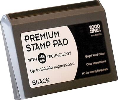 2000 PLUS PREMIUM STAMP PAD  
GEL TECHNOLOGY WITH INK  
Up to 100,000 Impressions!  
Bright Vivid Color  
Crisp Impressions  
No Re-inking Required  
BLACK