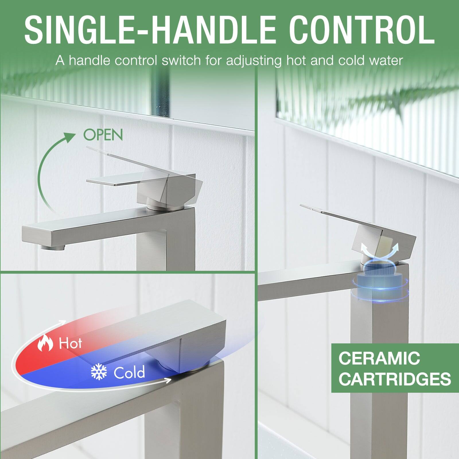 SINGLE-HANDLE CONTROL, A handle control switch for adjusting hot and cold water, OPEN, Hot, Cold, CERAMIC CARTRIDGES