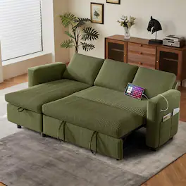 Dyonery - 81" Sleeper Sofa Bed with Pull Out Bed,L Shaped Couch Sectional Sleeper Sofa with Reclining Backrest,Corduroy Green. - Green