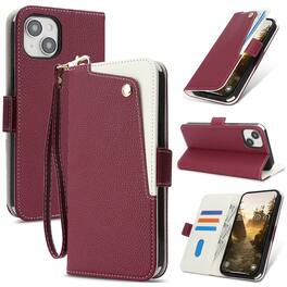 Dteck - for Apple iPhone 15 Plus/15+ Flip Wallet Case+Wrist Strap,PU Leather Card Slot Stand Magnetic Closure Shockproof Cover - Red
