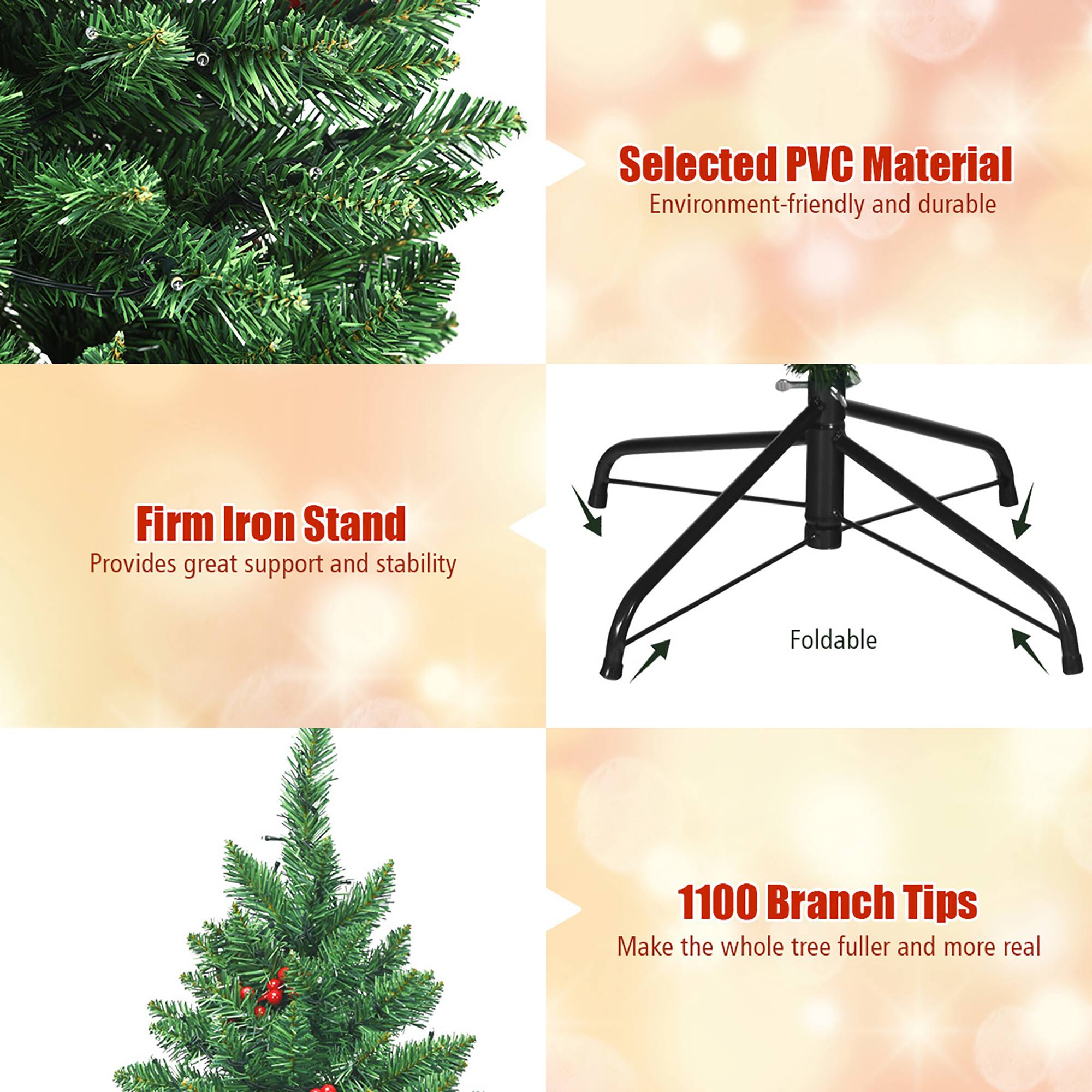 The text on the image is grouped as follows:

1. Selected PVC Material: Environment-friendly and durable.
2. Firm Iron Stand: Provides great support and stability.
3. Foldable: 1100 Branch Tips: Make the whole tree fuller and more real.
