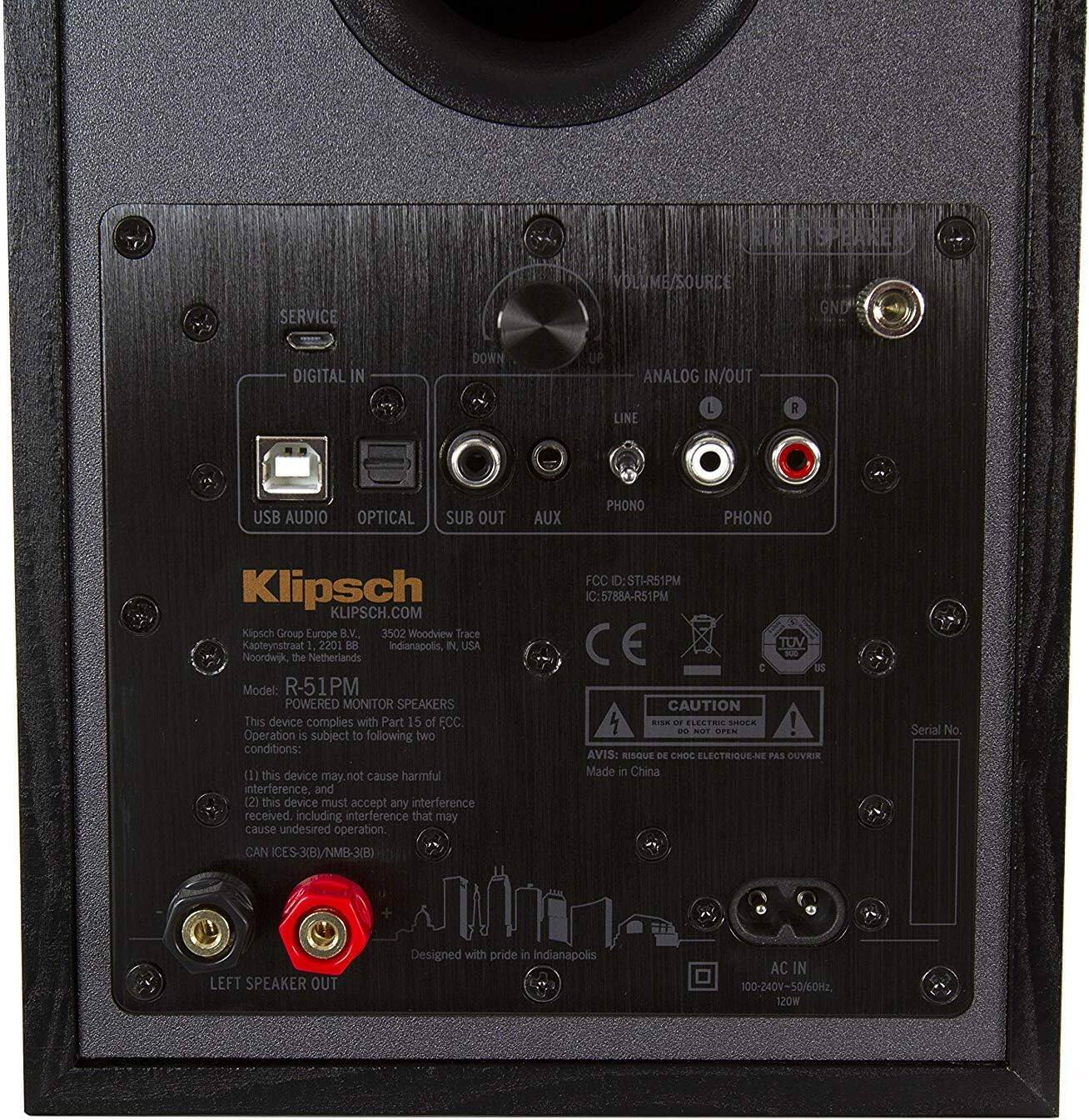 **Klipsch**  
KLIPSCH.COM  

Klipsch Group Europe B.V.  
3502 Woodview Trace  
Kapbeynstraat 2201 BB  
Noordwijk, the Netherlands  

Model: R-51PM  
POWERED MONITOR SPEAKERS  

This device complies with Part 15 of FCC. Operation is subject to the following two conditions:  
1. This device may not cause harmful interference.  
2. This device must accept any interference received, including interference that may cause undesired operation.  

CAN ICES-3(B)/NMB-3(B)  
FCC ID: STIRS1PM  
IC: 5788A-R51PM  

CAUTION  
RISK OF ELECTRIC SHOCK  
AVIS: RISQUE DE CHOC ÉLECTRIQUE NE PAS OUVRIR  

Made in China  

Serial No.  

Designed with pride in Indianapolis  

AC IN  
100-240V-50/60Hz  
120W  

LEFT SPEAKER OUT  

USB AUDIO  
OPTICAL  
SUB OUT  
AUX  
PHONO  
PHONO  

DIGITAL IN  
ANALOG IN