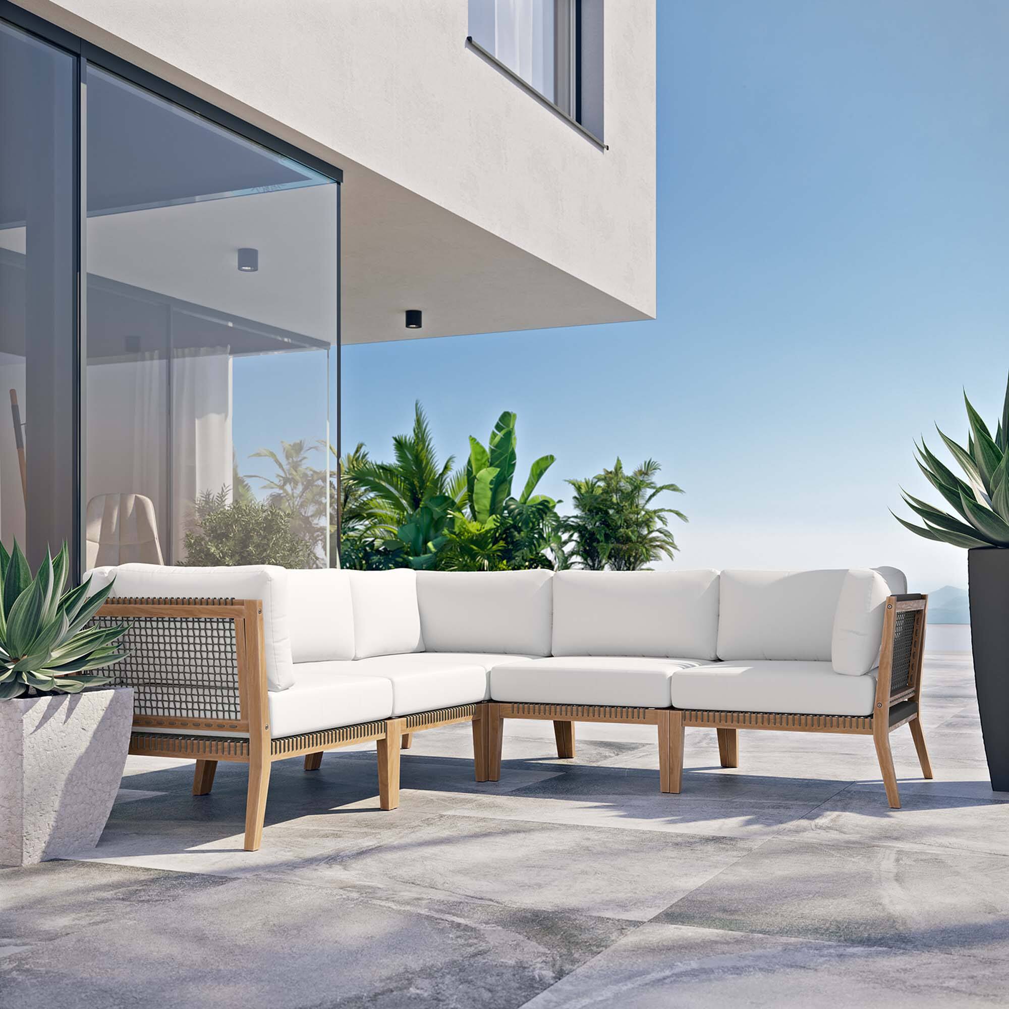 Alt View 6. Modway - Clearwater 5-Piece Outdoor Teak Wood Sectional Sofa - Gray White.