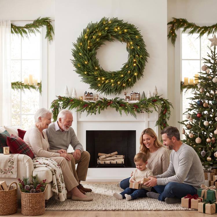 Alt View 9. PULUZ - Christmas Decoration, 36 in Pre-Lit Norfolk Pine Artificial Christmas Wreath with 100 LED Lights - Green.