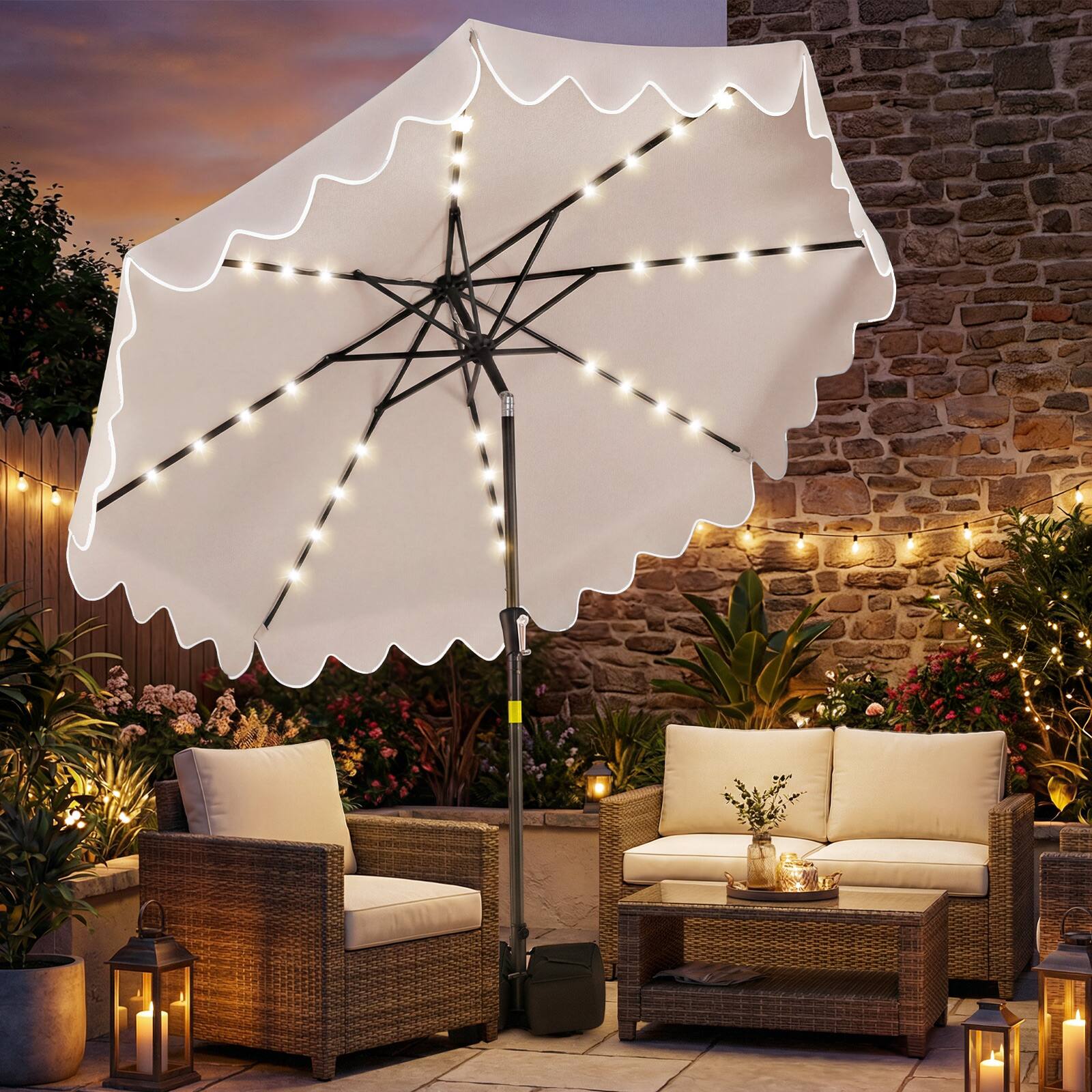 Alt View 1. Gymax - Gymax 9 FT Outdoor Patio Umbrella w/32 Solar LED Lights & Weighted Base Sandbags Beige - Beige.