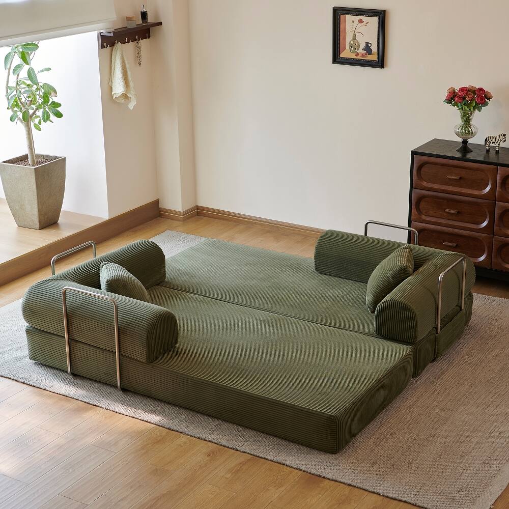 Alt View 2. Loheer - Loheer 78.8 Inch Compression Sofa Convertible Floor Sofa Bed Corduroy Loveseat - Beige.