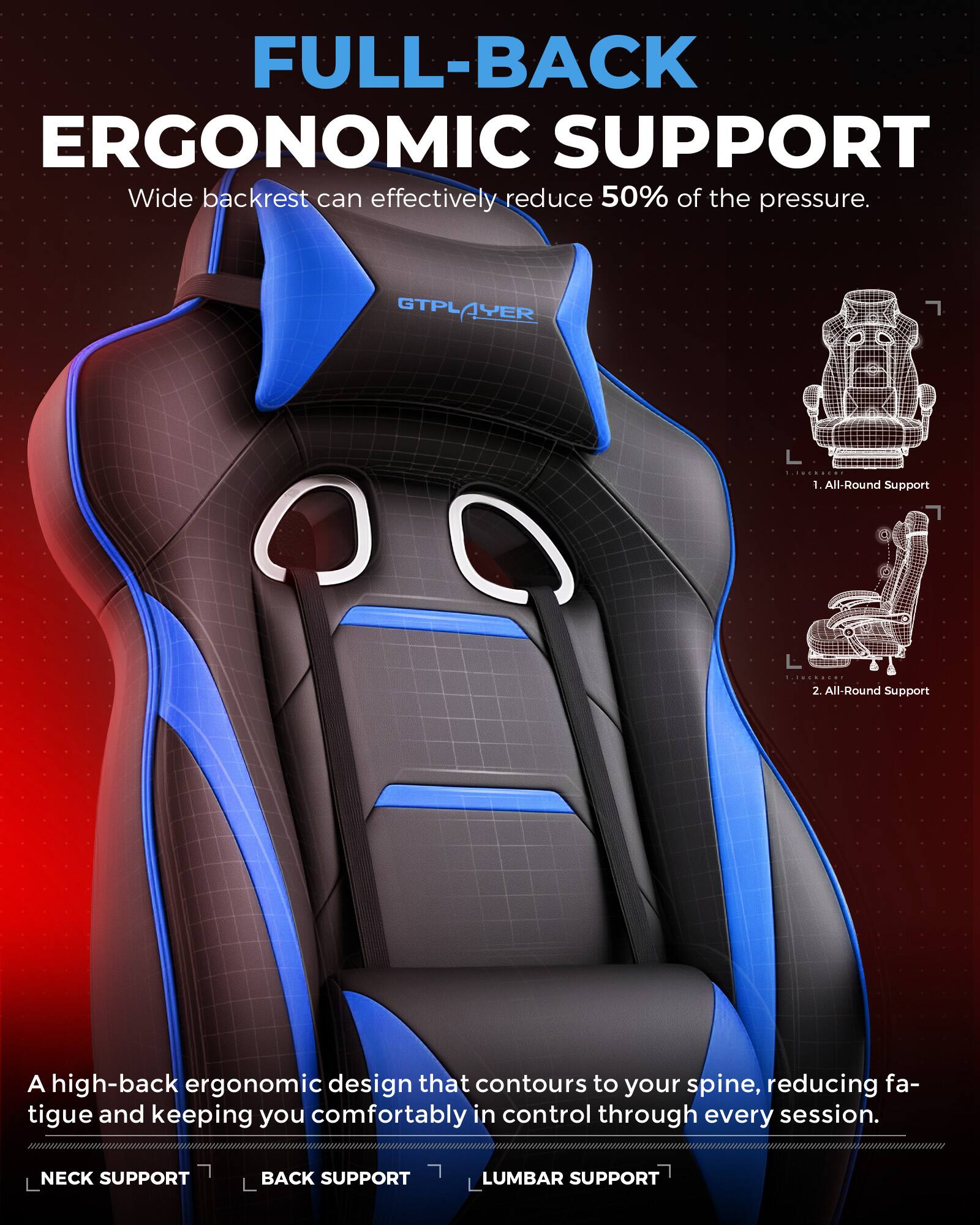 FULL-BACK ERGONOMIC SUPPORT  
Wide backrest can effectively reduce 50% of the pressure.  

A high-back ergonomic design that contours to your spine, reducing fatigue and keeping you comfortably in control through every session.  

1. All-Round Support  
2. All-Round Support  

NECK SUPPORT  
BACK SUPPORT  
LUMBAR SUPPORT