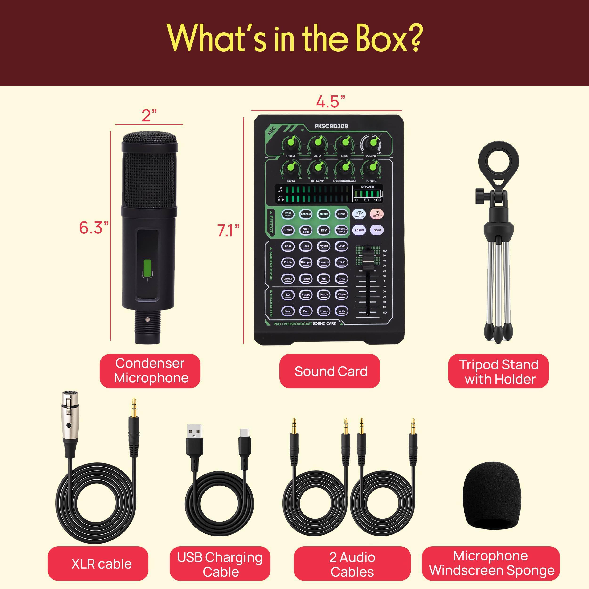 What's in the Box?

- Condenser Microphone
- Sound Card
- Tripod Stand with Holder
- XLR cable
- USB Charging Cable
- 2 Audio Cables
- Microphone Windscreen Sponge