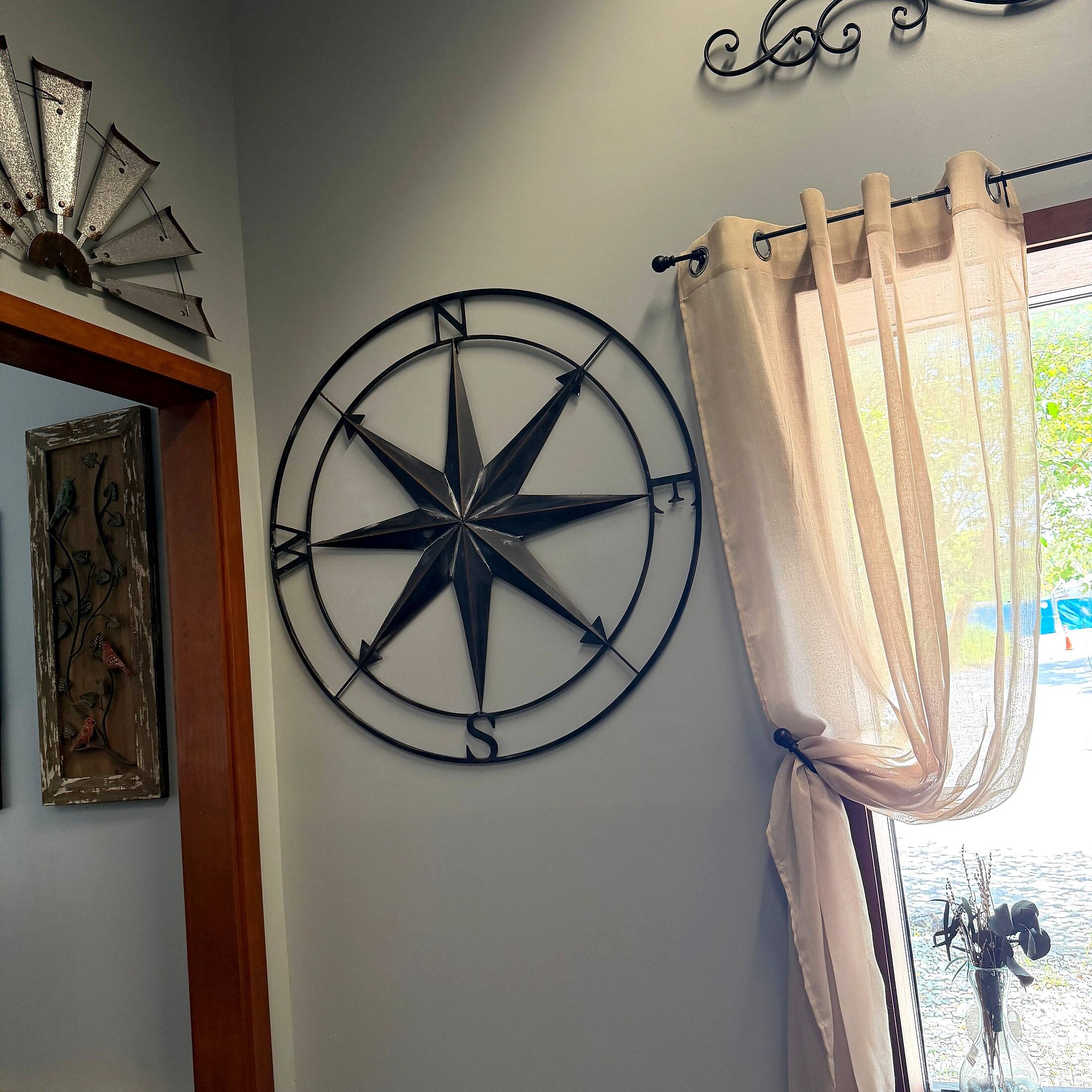 Alt View 6. Zeckos - Black Indoor Outdoor Metal Compass Rose Hanging Wall Decor 39.5 Inch Diameter - Black.