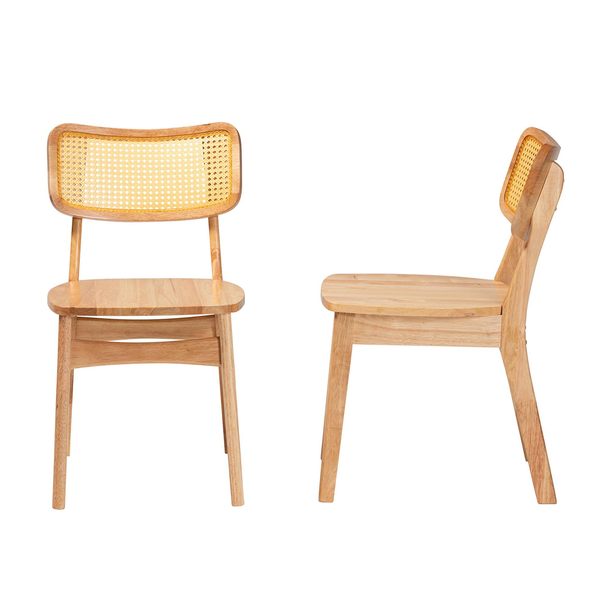 Left. Baxton Studio - Tadeo Mid-Century Modern Oak Finished Wood and Rattan 2-Piece Dining Chair Set - Oak Brown/Light Brown.
