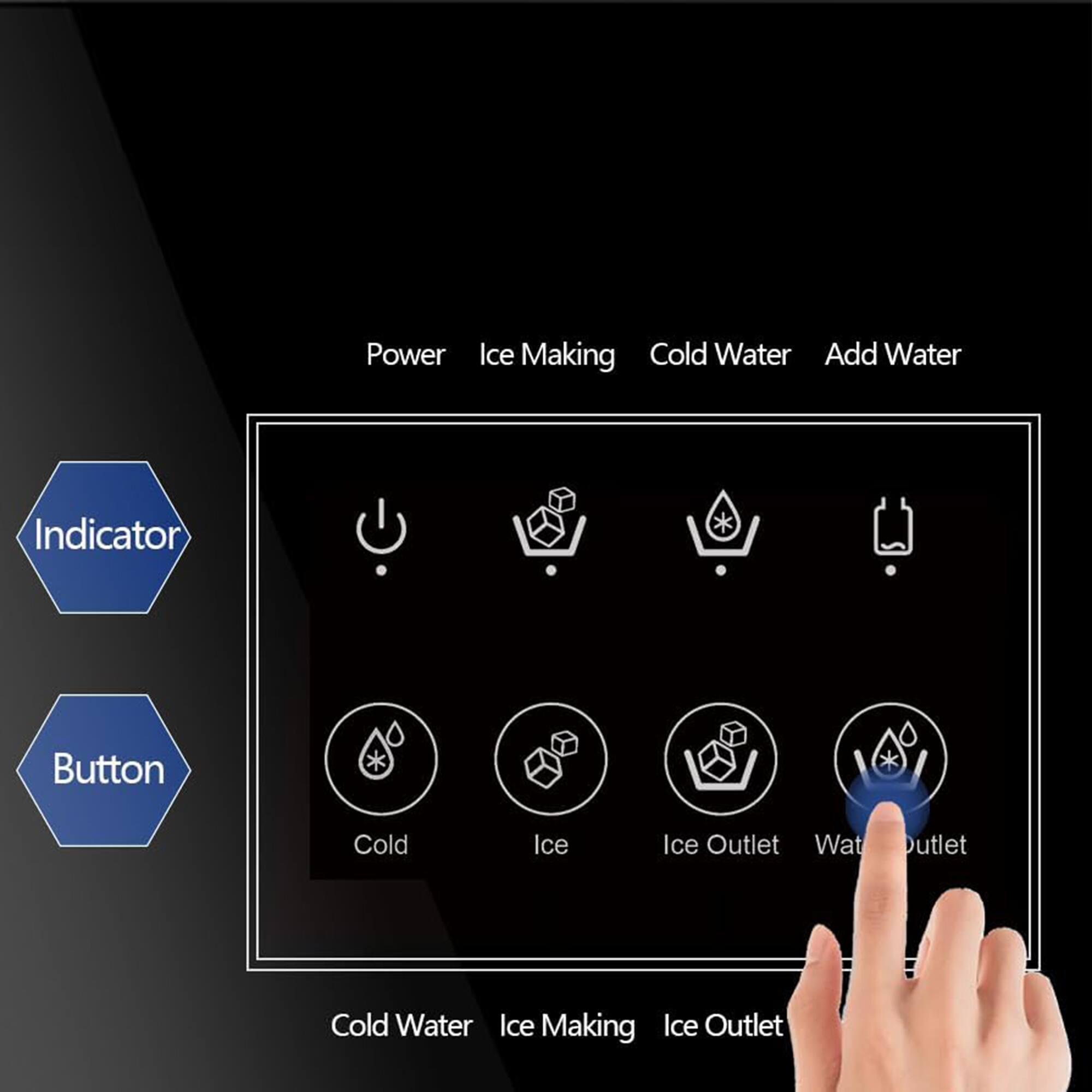 Power  
Ice Making  
Cold Water  
Add Water  

Indicator  
Button  

Cold  
Ice  
Ice Outlet  
Water Outlet  

Cold Water  
Ice Making  
Ice Outlet