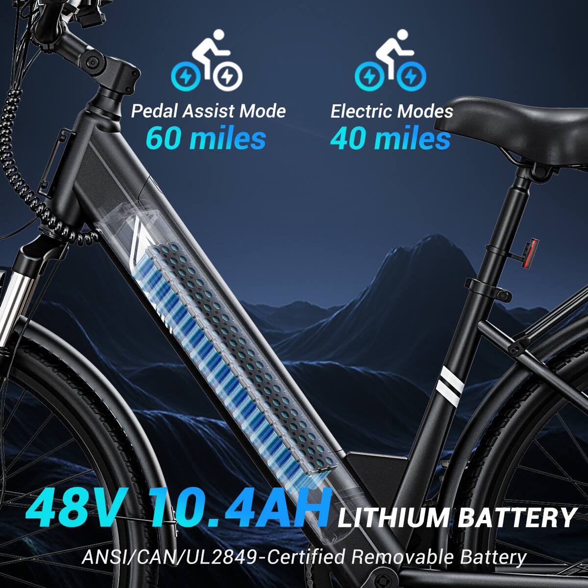 Pedal Assist Mode 60 miles  
Electric Modes 40 miles  
48V 10.4AH LITHIUM BATTERY  
ANSI/CAN/UL2849-Certified Removable Battery
