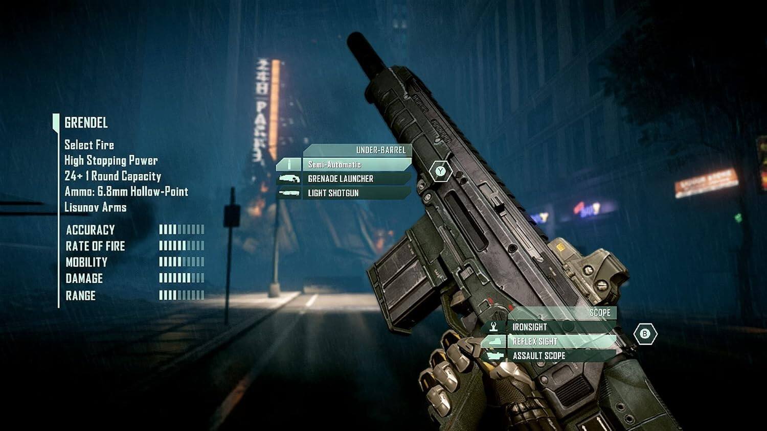 **GRENDEL**  
- Select Fire  
- High Stopping Power  
- 24+1 Round Capacity  
- Ammo: 6.8mm Hollow-Point  
- Lisunov Arms  

**UNDER-BARREL**  
- Semi-Automatic  
- Grenade Launcher  
- Light Shotgun  

**SCOPE**  
- Ironsight  
- Reflex Sight  
- Assault Scope  

**STATS**  
- Accuracy  
- Rate of Fire  
- Mobility  
- Damage  
- Range