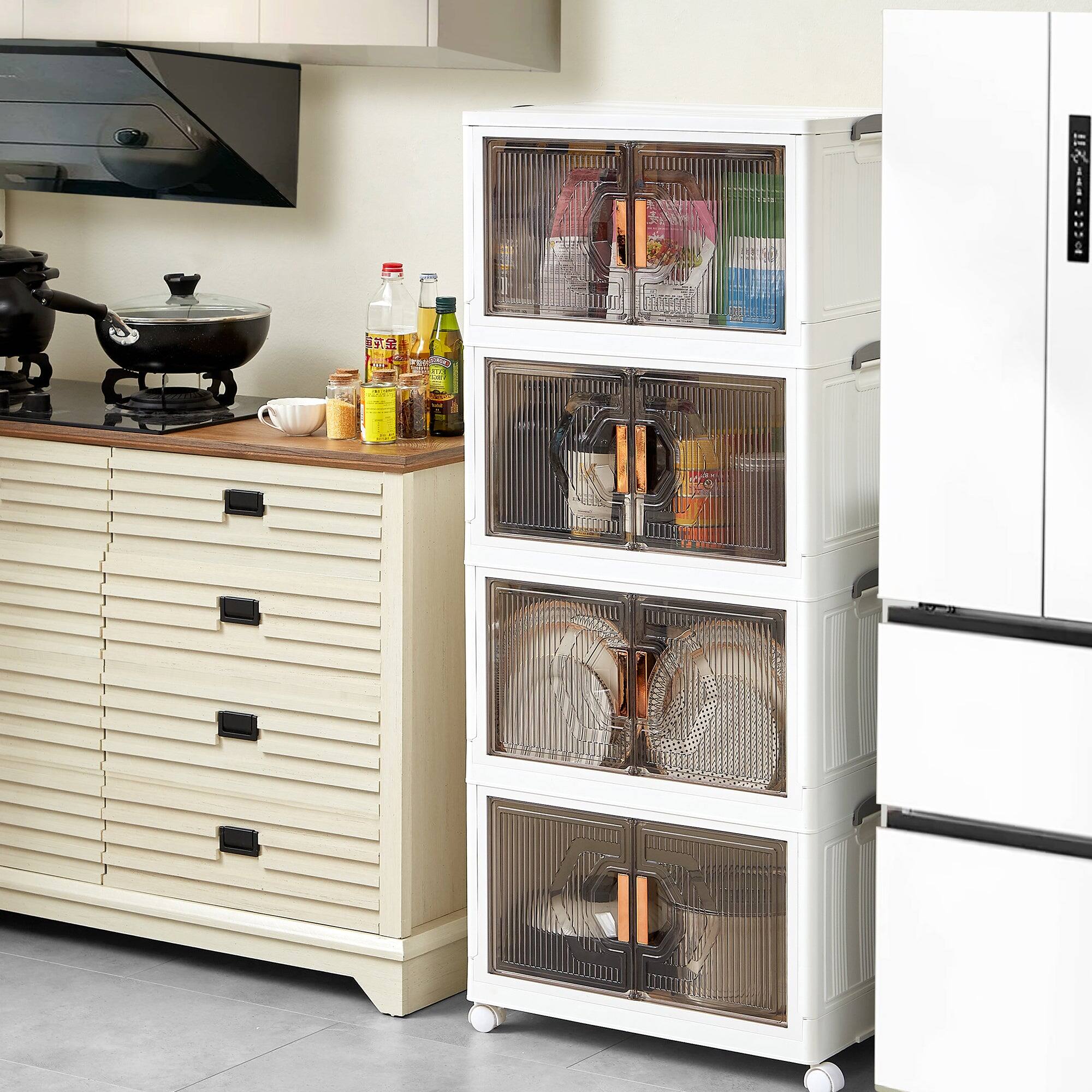 Left. Vecelo - Stackable Storage Bins with Wheels-72Qt(Single layer) Foldable Storage Cabinet with Doors, 4-Tier Collapsible Organizer - White.