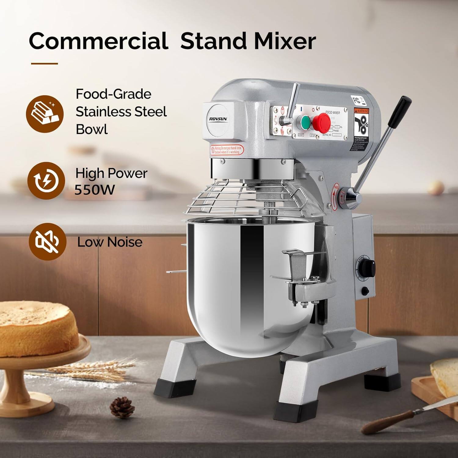Commercial Stand Mixer

- Food-Grade Stainless Steel Bowl
- High Power 550W
- Low Noise