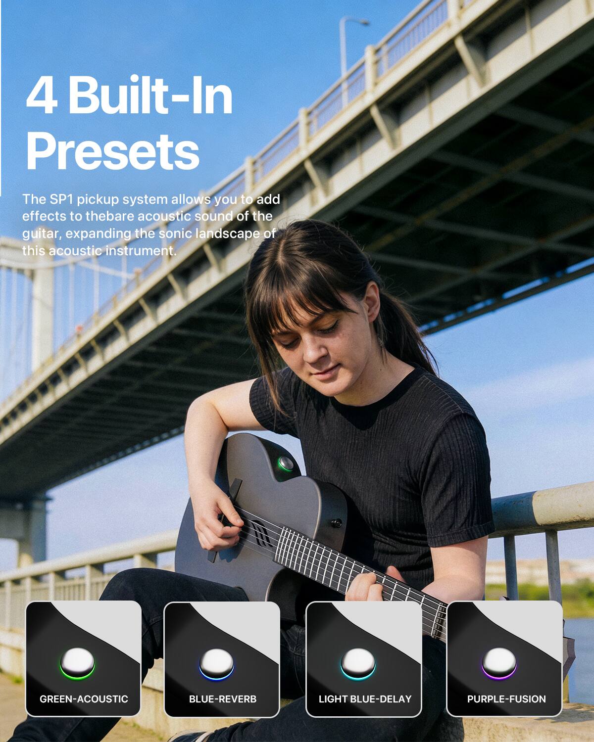 4 Built-In Presets

The SP1 pickup system allows you to add effects to the bare acoustic sound of the guitar, expanding the sonic landscape of this acoustic instrument.

GREEN-ACOUSTIC
BLUE-REVERB
LIGHT BLUE-DELAY
PURPLE-FUSION