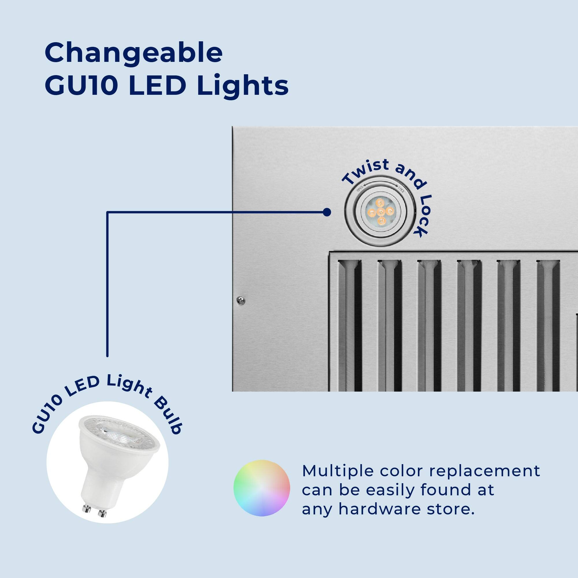 Changeable GU10 LED Lights Twist and Lock GU10 LED Light Bulb Multiple color replacement can be easily found at any hardware store.