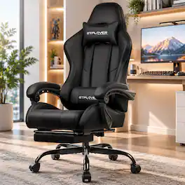 GTPlayer - Gaming Chair Faux Leather Height Adjustable Computer Chair with Footrest and Headrest - Black