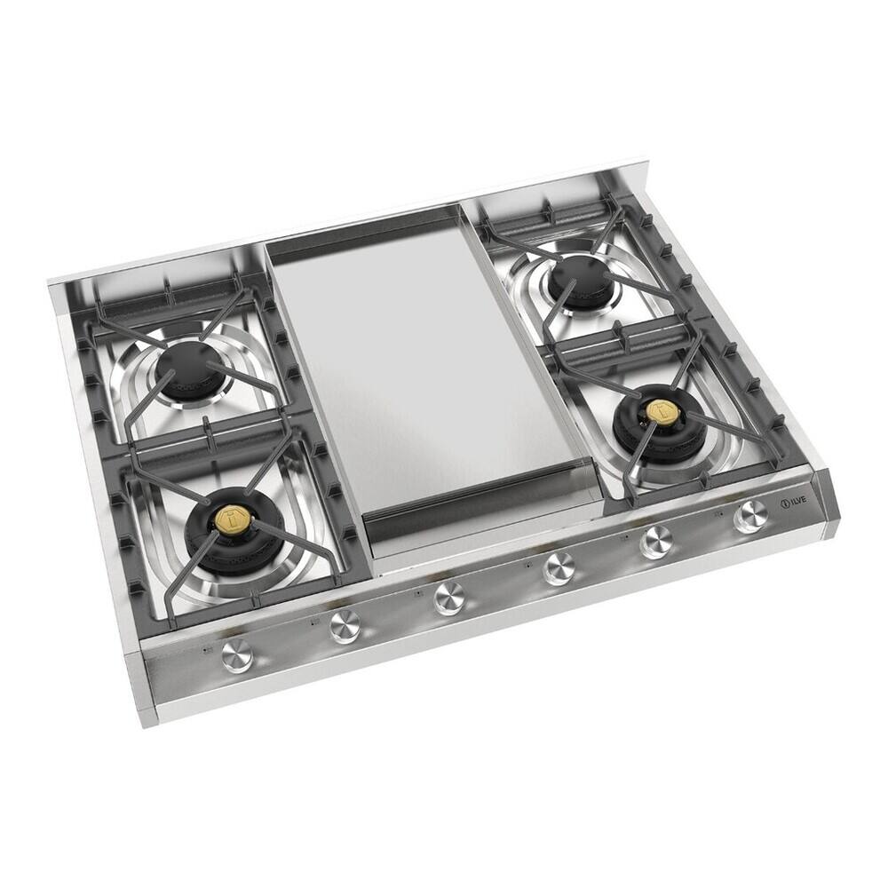 Alt View 1. ILVE - ILVE Professional Plus II Series 36 in. Gas Cooktop with 6 Sealed Burners + Griddle (Liquid Propane, Satin Trim) - Stainless Steel.