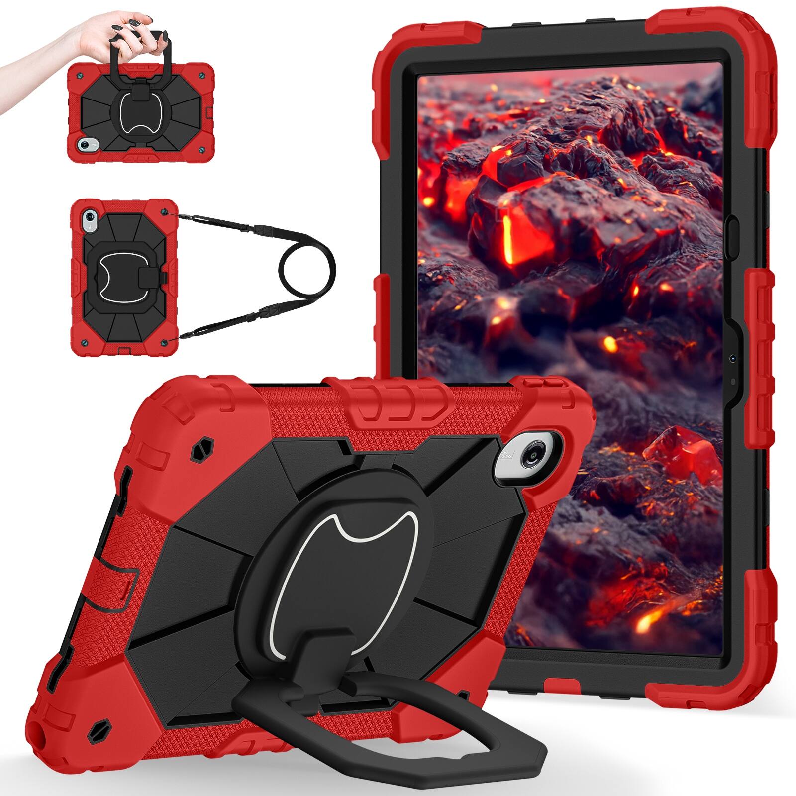 Angle. UUCOVER - Shockproof Case for Lenovo Idea Tab 11 inch (TB336) 2025 /K11 Gen 2 360° Rotating Stand Hand Grip Cover+Shoulder Strap - Red+Black.