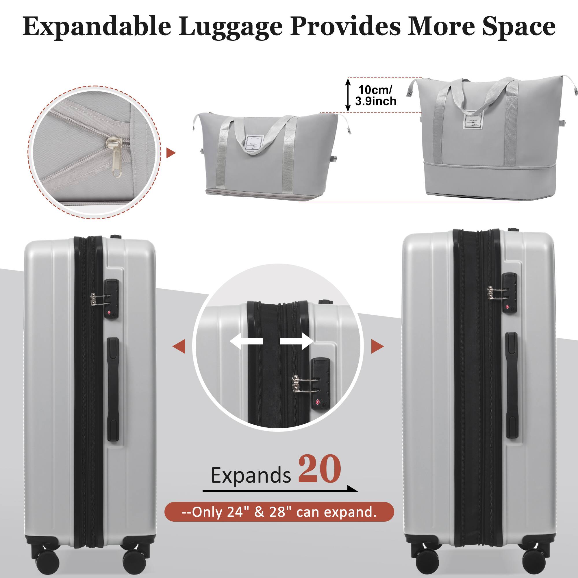 Expandable Luggage Provides More Space

10cm/ 3.9inch

Expands 20

--Only 24" & 28" can expand.