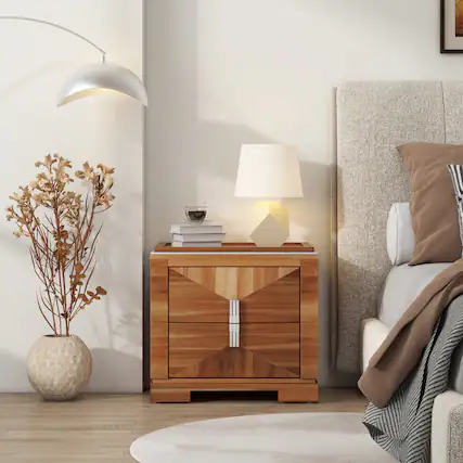 Front. JUJABU - Mid-Century Modern Nightstand with 2 Drawers Storage, Heavy Duty Base for Bedroom, Light Brown - Light Brown.