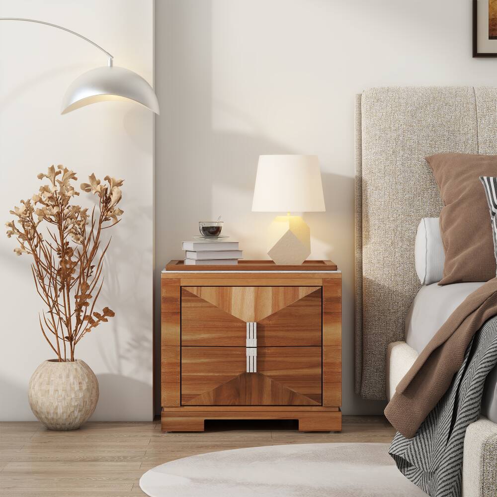 Front. JUJABU - Mid-Century Modern Nightstand with 2 Drawers Storage, Heavy Duty Base for Bedroom, Light Brown - Light Brown.