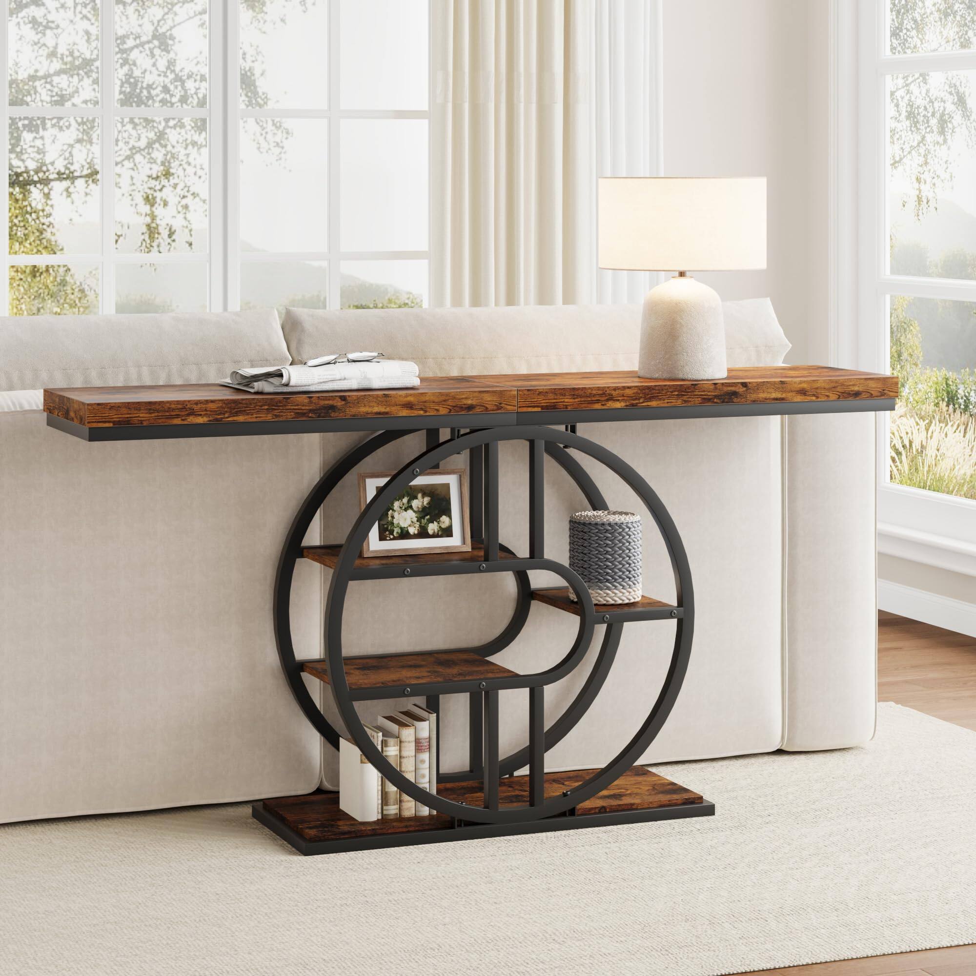 Back. Qeetex - 55" Entryway Table with 5-Tier Storage, Industrial Narrow Console Sofa Table with O-Shaped Metal Frame - Retro Brown.