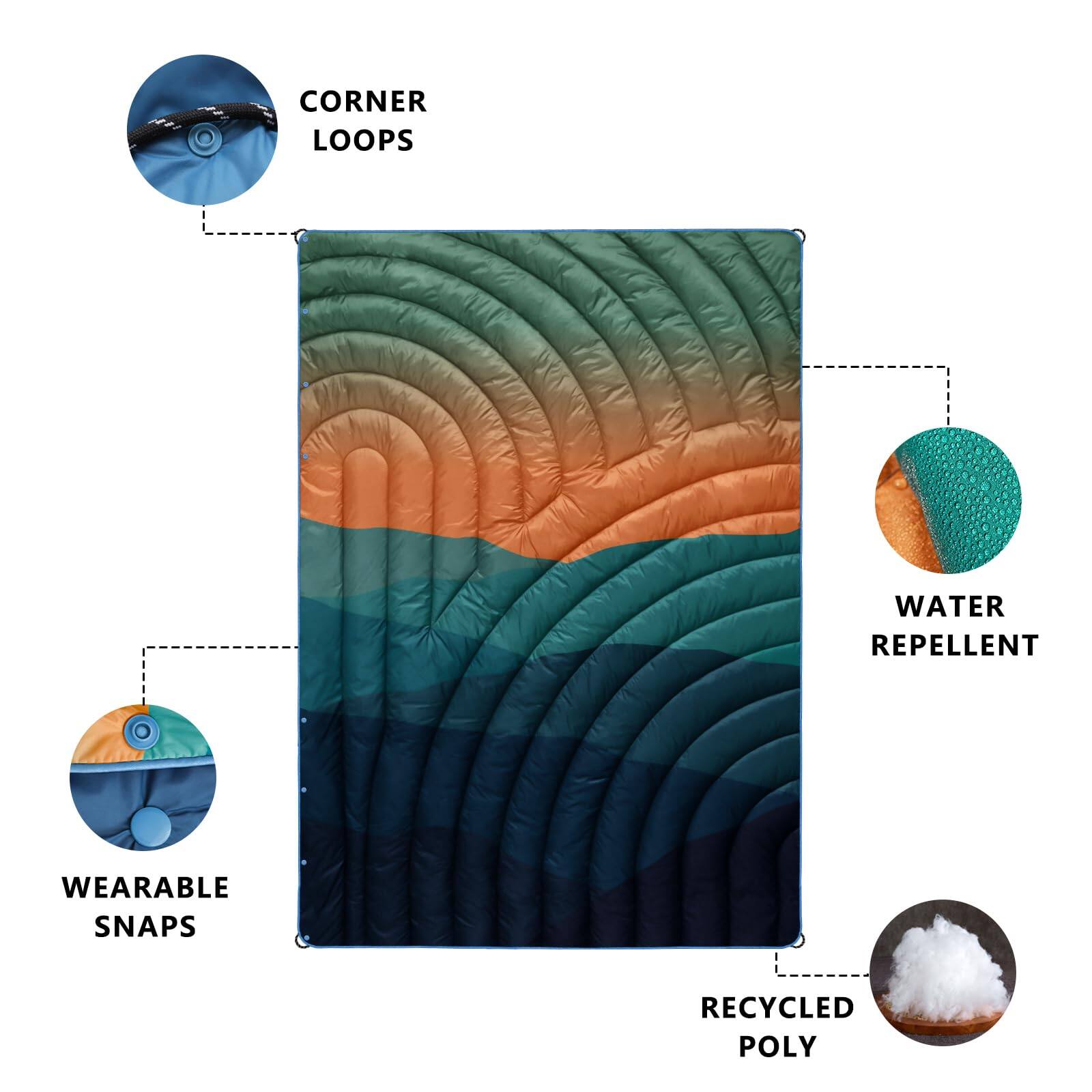 - CORNER LOOPS
- WEARABLE SNAPS
- WATER REPELLENT
- RECYCLED POLY