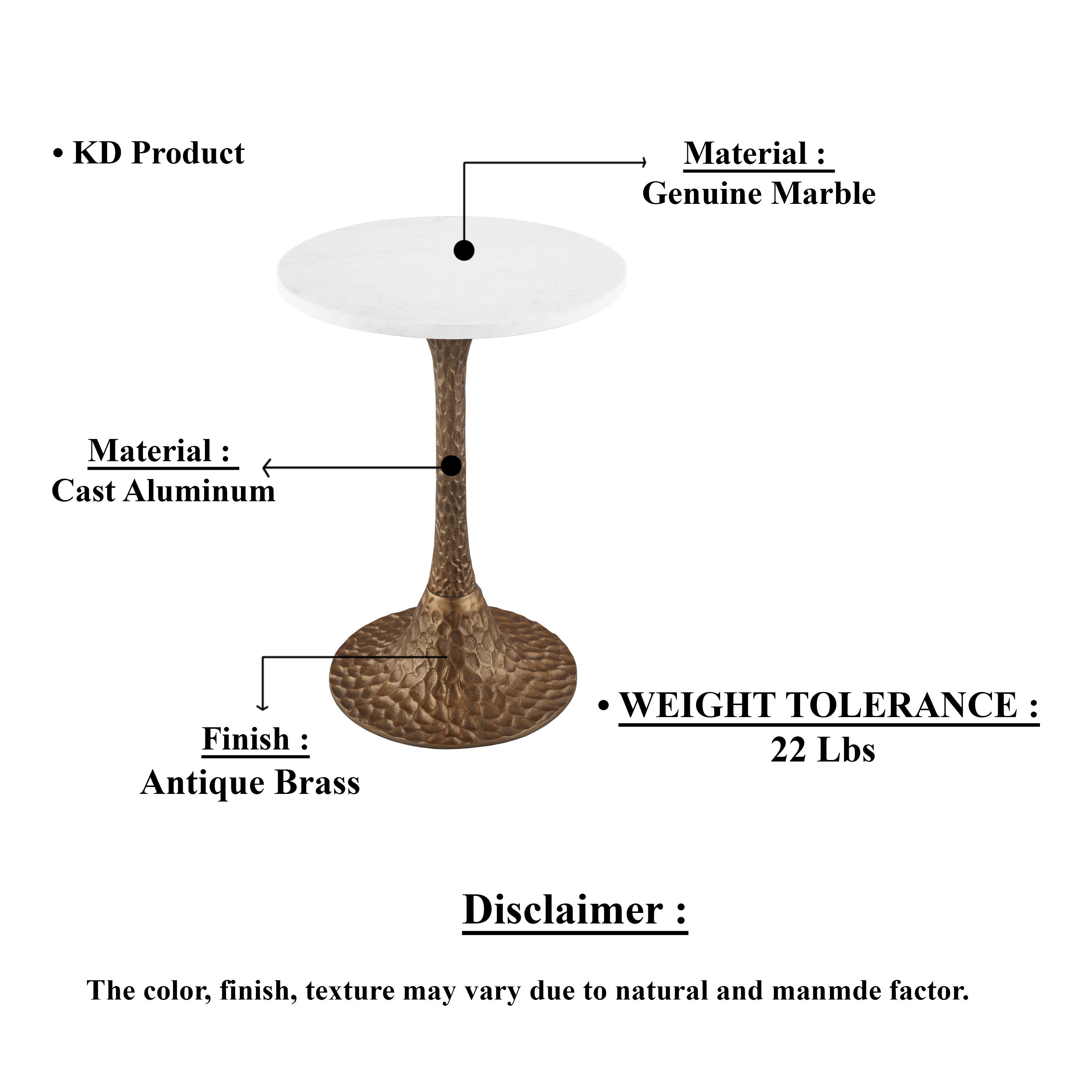 KD Product
Material : Genuine Marble
Material : Cast Aluminum
Finish : Antique Brass
WEIGHT TOLERANCE: 22 Lbs
Disclaimer : The color, finish, texture may vary due to natural and manmde factor.