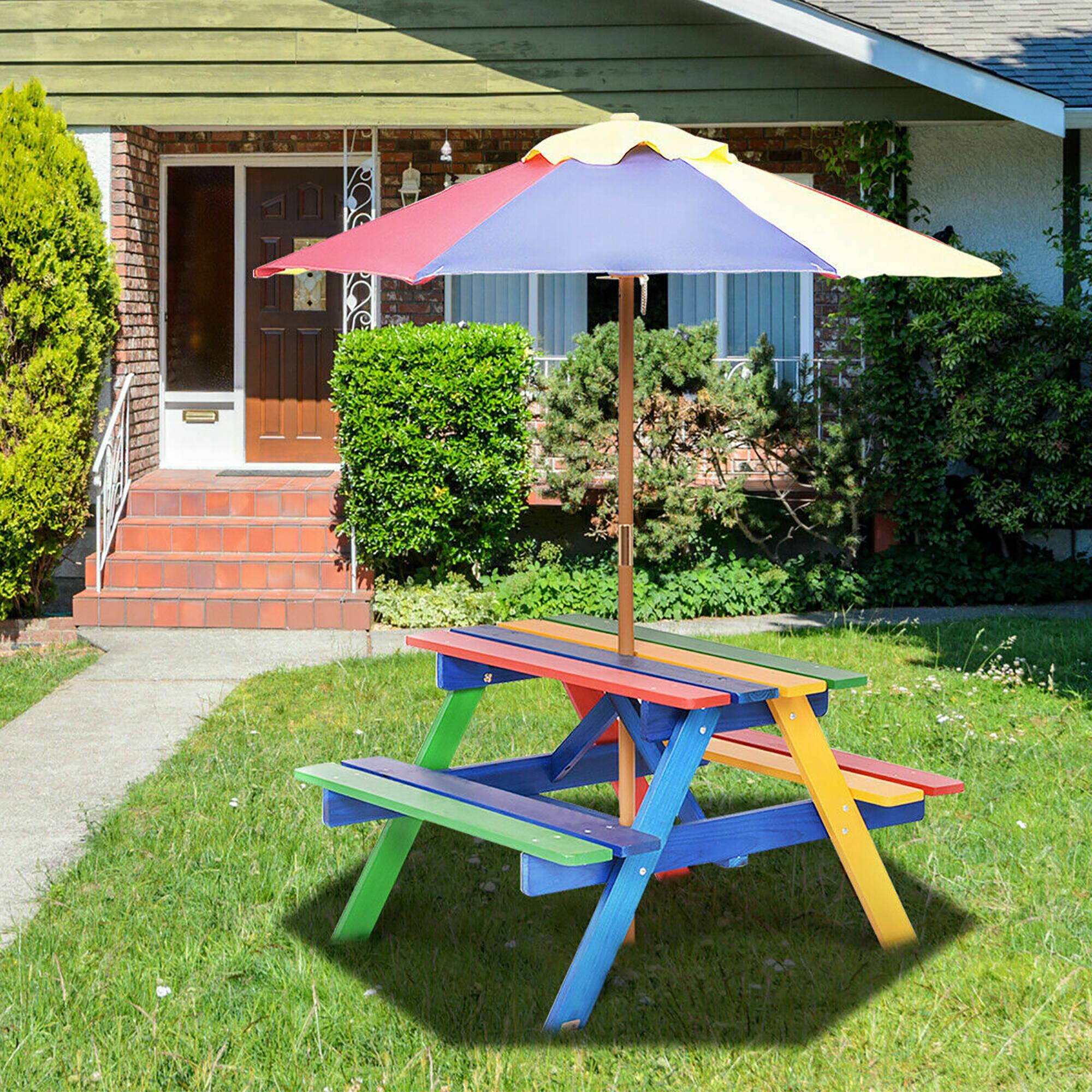 Alt View 3. Costway - Costway 4 Seat Kids Picnic Table w/Umbrella Garden Yard Folding Children Bench Outdoor - Multicolor.