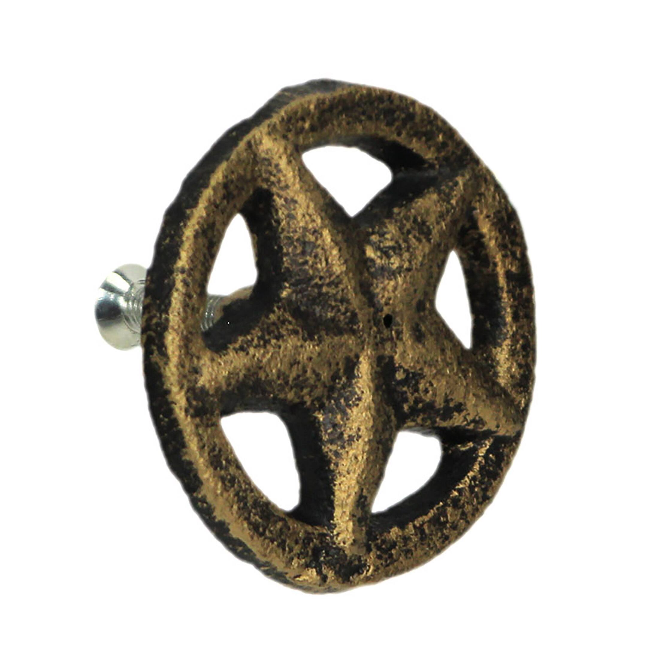 Alt View 1. Zeckos - Set of 12 Antique Gold Western Star Cast Iron Knobs - 2" - Drawer Pulls - Gold.